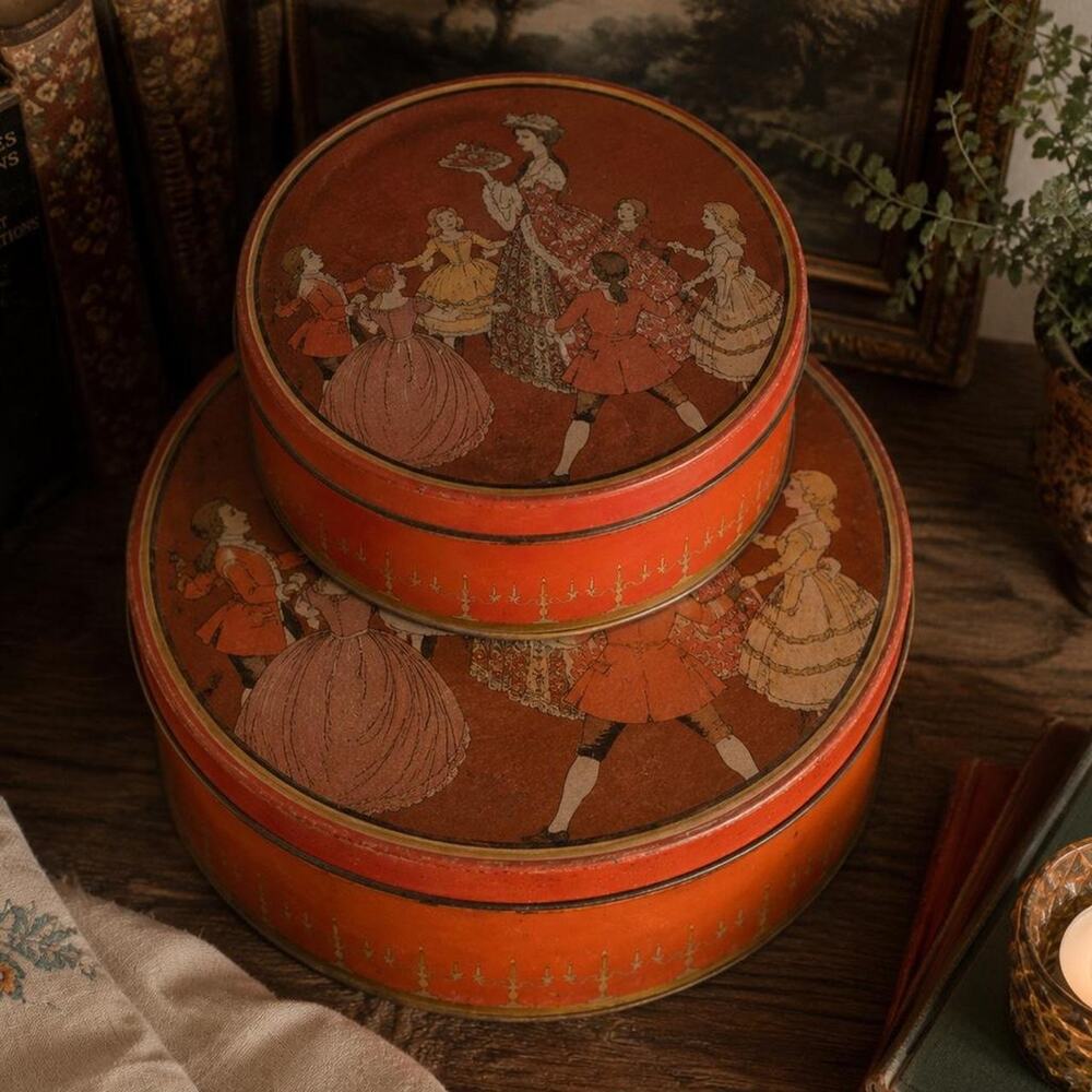 Vintage Nesting Tin Storage Boxes Storybook Art Set of 2